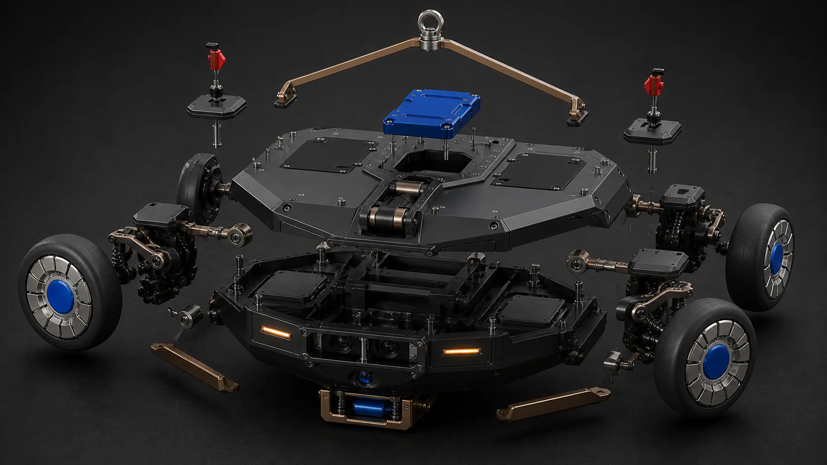 Exploded view of Bridge Crawler V2 chassis, wheel pods, battery and tether yoke