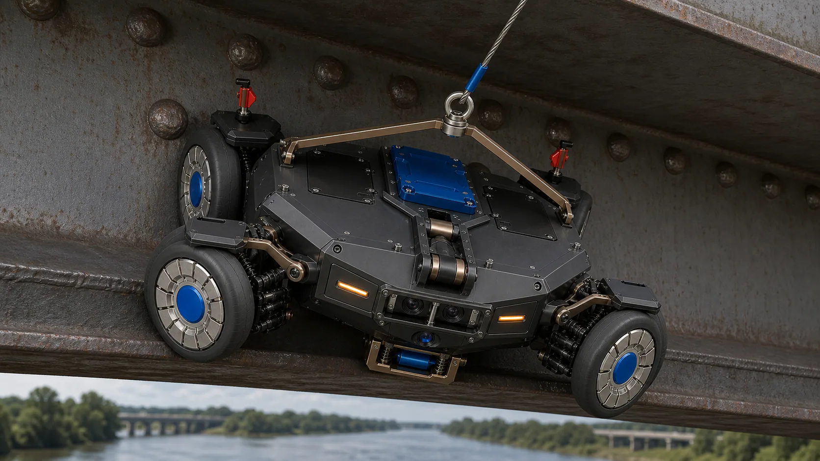 Bridge Crawler articulating over a weld crown beneath a steel girder