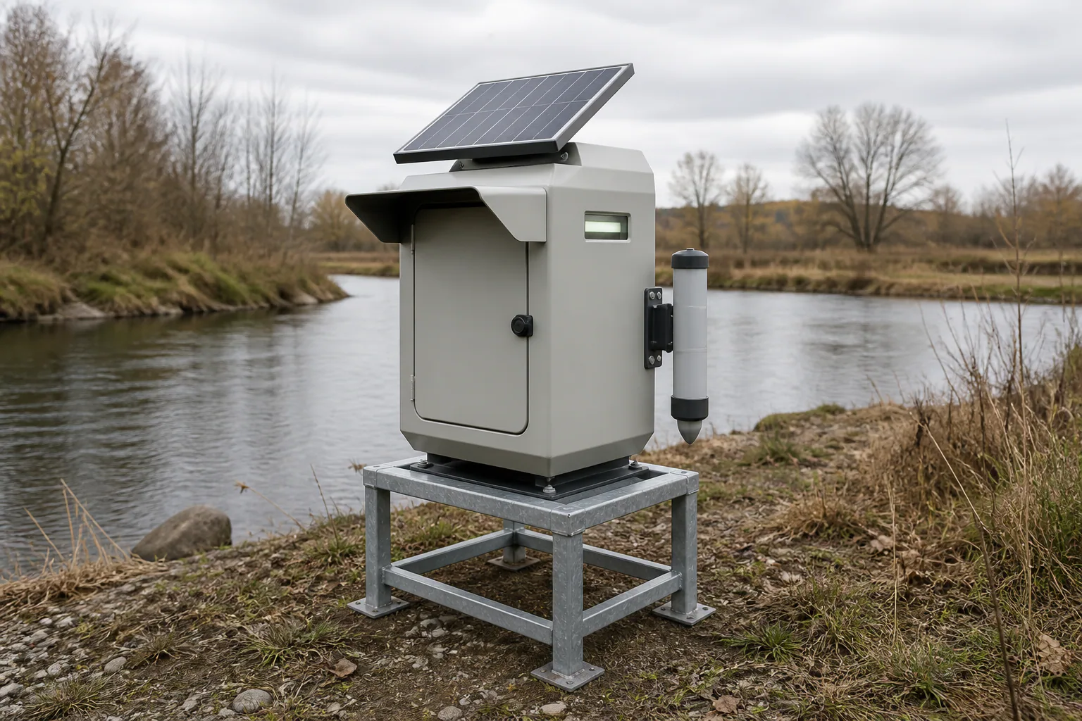 AI-generated Flood Eye concept render of a compact solar enclosure at a waterway