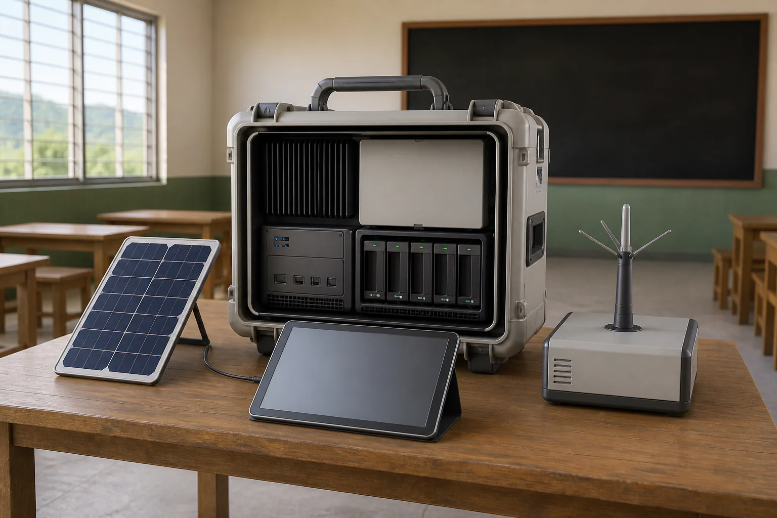 AI-generated concept render of a portable learning hub kit in a generic classroom