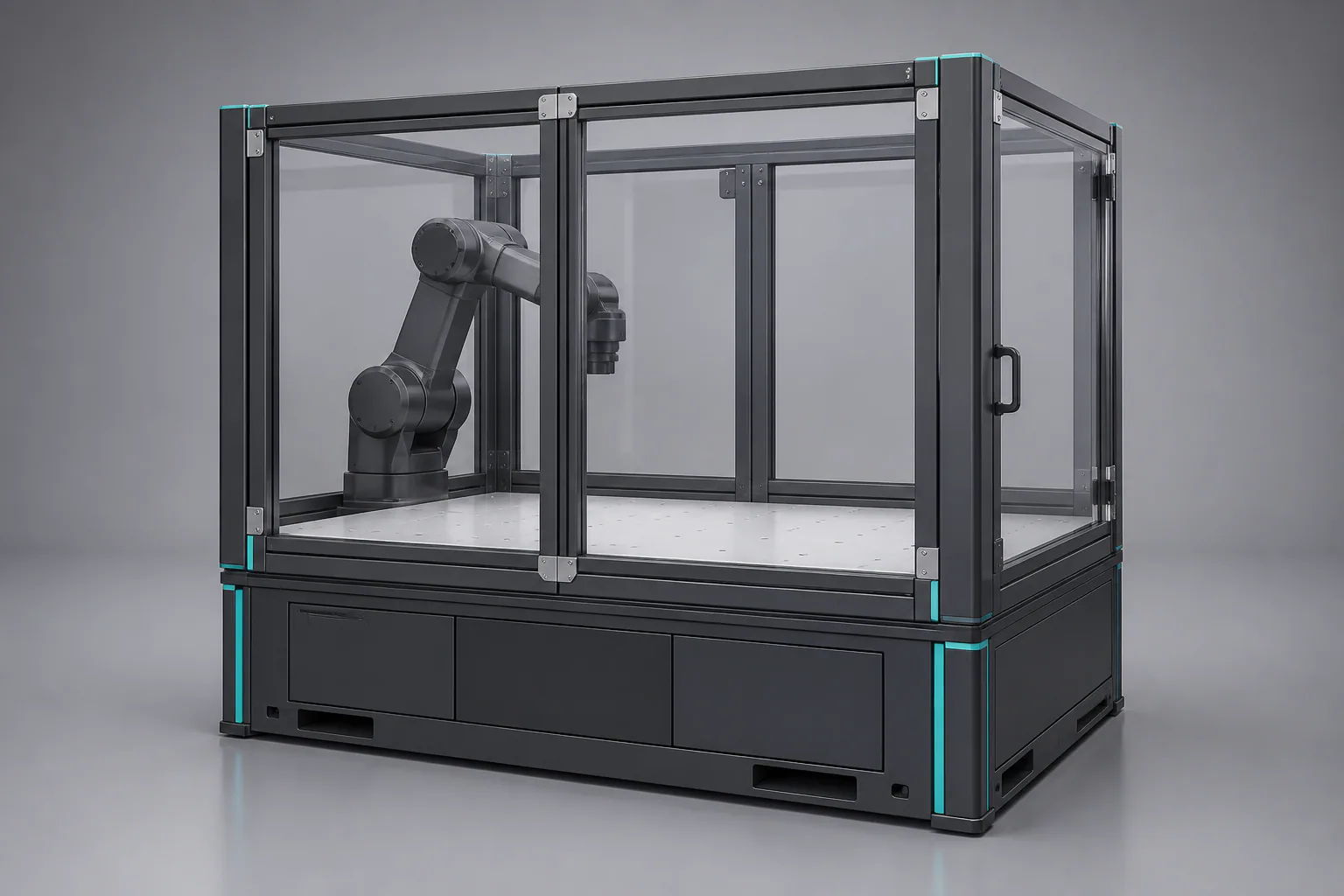 AI-generated concept render of an inactive work cell with a parked arm behind a transparent guard