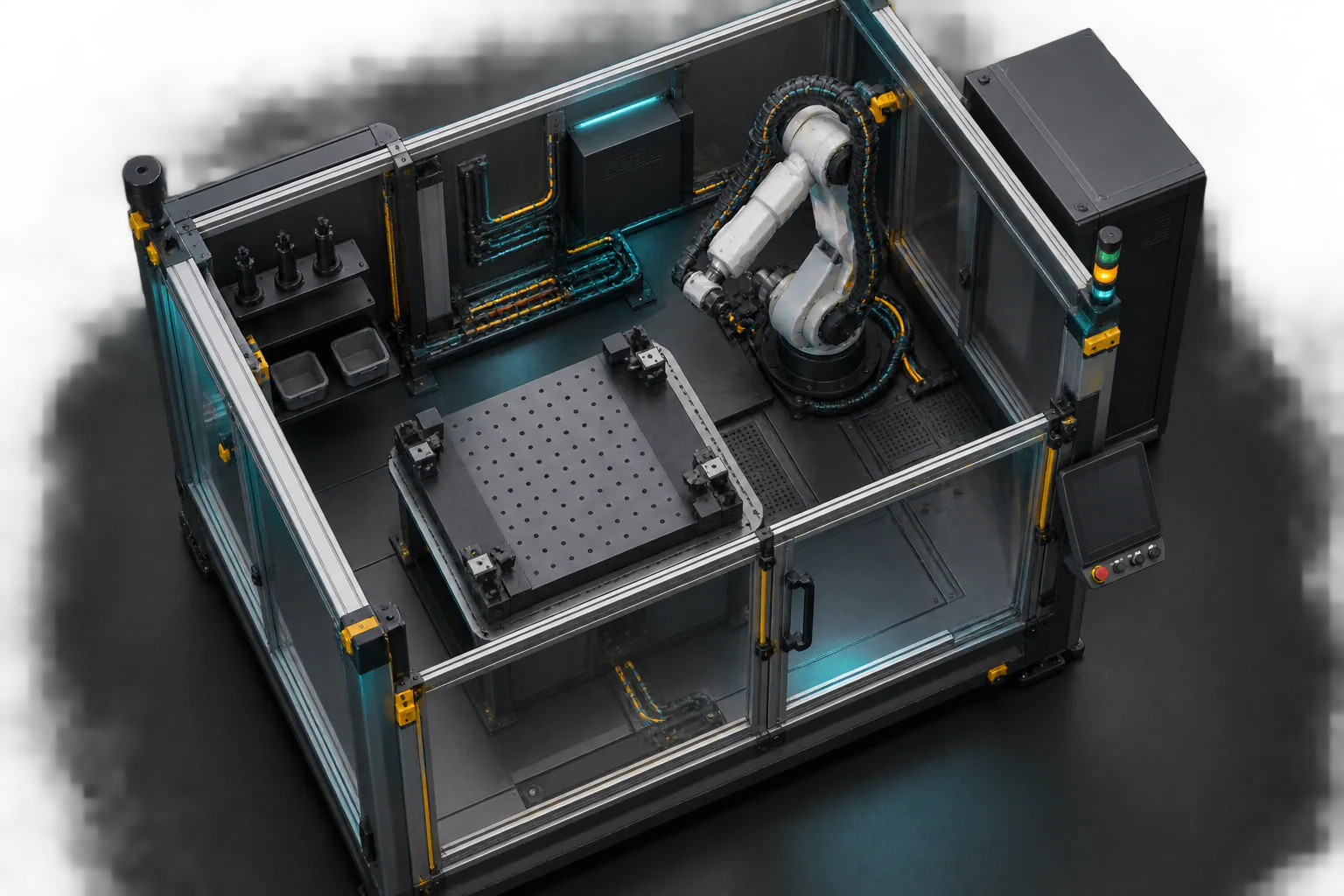 AI-generated overhead concept render of a parked arm and inactive transparent work cell