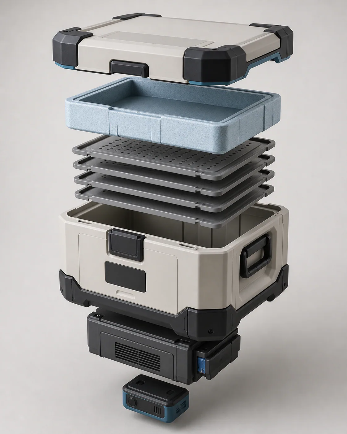 AI-generated exploded MED-COOL POD architecture concept