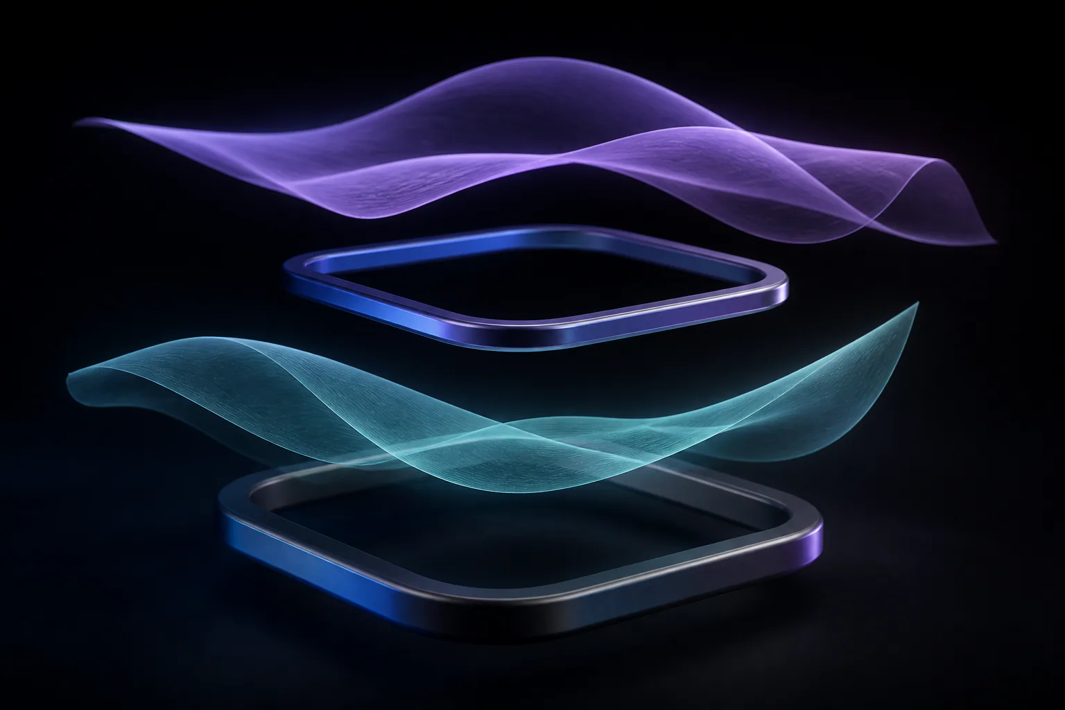AI-generated abstract floating frames and translucent planes with no people or user data